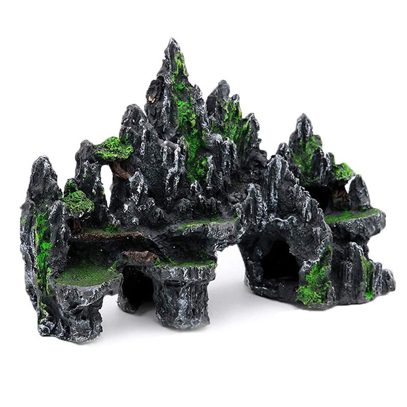 PakyKai Large Fish Tank Decorations, Mountain View Aquarium Ornament with Tree House Cave Bridge Artificial Plastic Plants Aquarium Decorations - Image 1